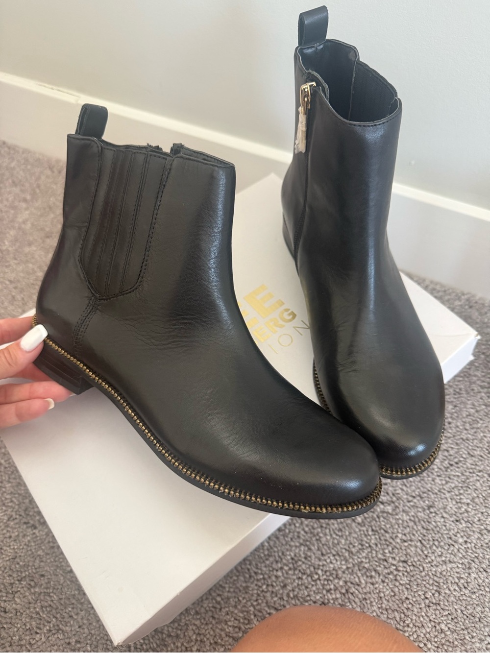 Aimee Kestenberg Black Leather Chukka Boots with Gold Zip Trim